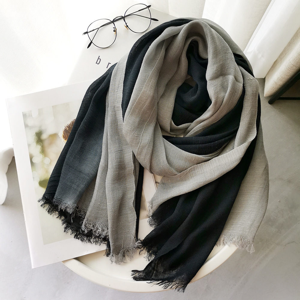 Bandana Cotton - 和風ユニセックスコットンリネンスカーフグラデーションカラー秋冬ロングソフトショール＆ラップレディースショートタッセルブファンダ
