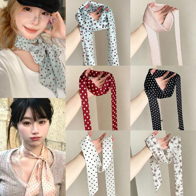 Head Wrap Turban - 水玉模様の花柄プリントシルクスカーフ薄いネックスカーフヘアバンドバッグリボン女性のためのヴィンテージ日常着アクセサリー