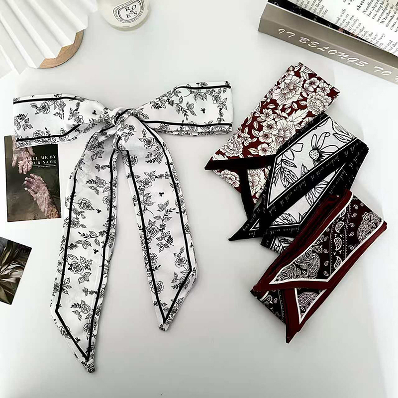 Head Wrap Turban - 高級ファッション女性用スキニーシルクスカーフ、ロングヘアストリップシルクスカーフ、小さなネックスカーフ、フラワーバッグハンドルリボン、レディースタイ