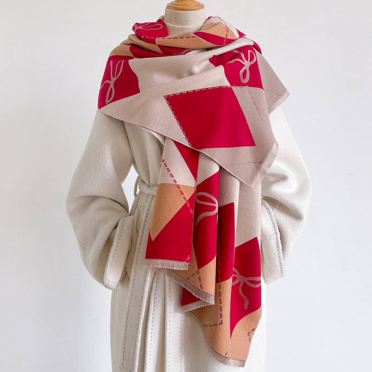 女性用イミテーションカシミヤスカーフ フリンジ付き 厚手 暖 - Pashmina Wrap Large のレビューと価格