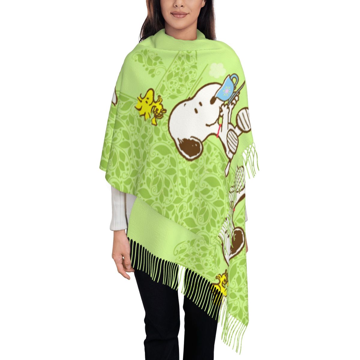 女性用タッセル付きスヌーピー柄スカーフ、春らしい大判で柔らか - Pashmina Wrap Large のレビューと価格